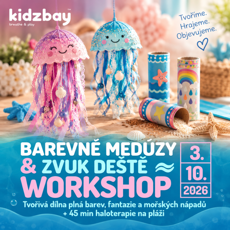 3.10. 2026 WORKSHOP – BAREVNÉ MEDÚZY & ZVUK DEŠTĚ + 45 min haloterapie na pláži (14:00-15:30)